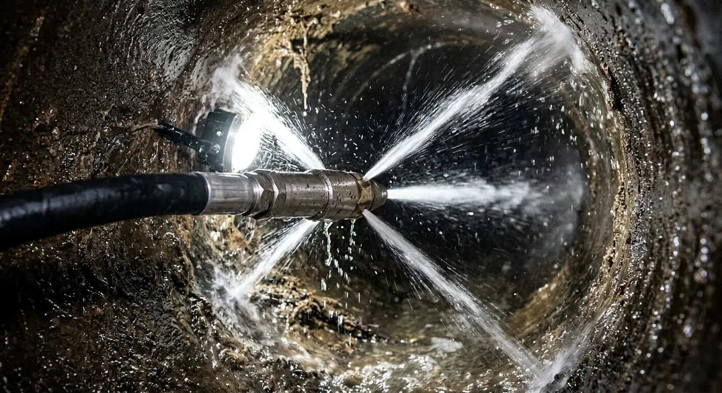 High-pressure hydro jetting nozzle cleaning sewer pipe for Trenchless Sewer Repair in Knightdale