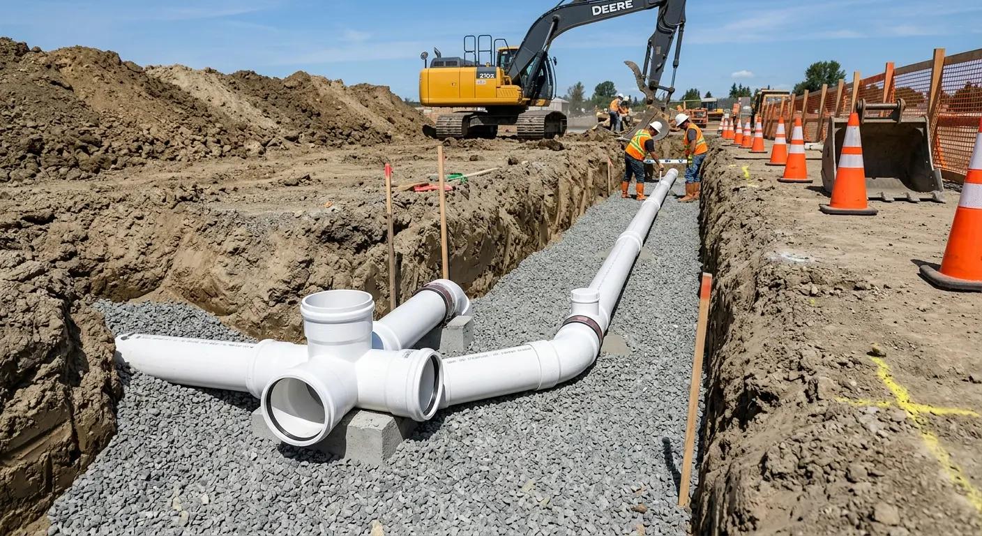 New PVC sewer pipe installation in open trench for Commercial Drain Cleaning in Knightdale