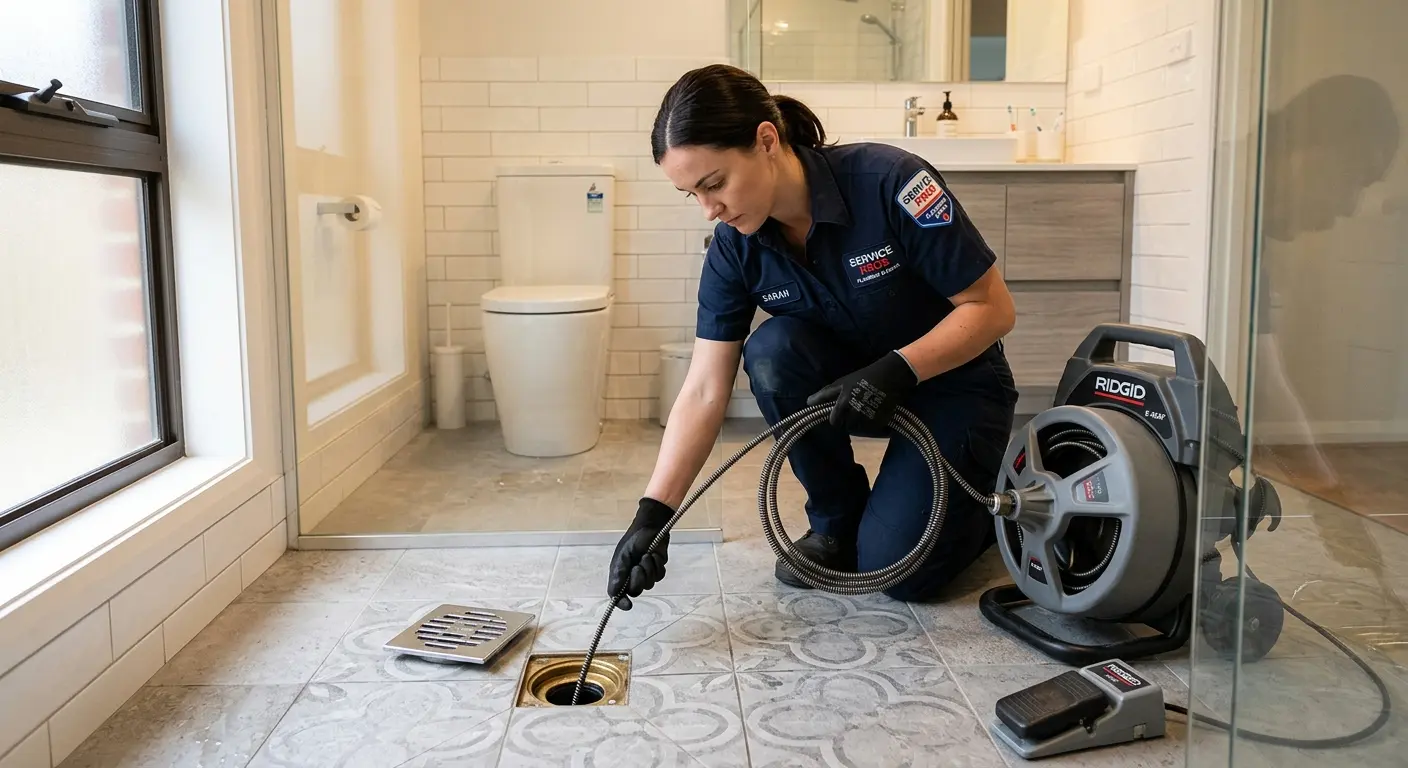 Technician clearing a bathroom floor drain for Hydro Jetting in Knightdale